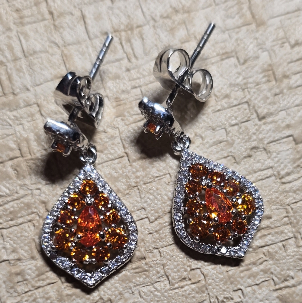Sterling Silver Drop Earrings With Orange Cubic Zirconia